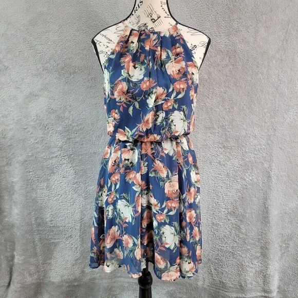 Lush Fit Flare‎ Dress Womens Small Blue Floral Light Ruched Key Hole Sleeveless - Picture 1 of 10